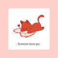 Romantic animals poster. Cartoon greeting card. Funny cat signing valentines. Kitten writing holiday wishes. Happy kitty