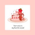Romantic animals poster. Cartoon Valentine greeting card. Funny cat and rabbit. Kitten eating festive cake with cream
