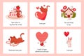 Romantic animals posters. Cartoon greeting cards. Funny cats and rabbits. Cute Valentines collection. Kitten giving Royalty Free Stock Photo