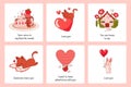 Romantic animals posters. Cartoon greeting cards. Funny cats and rabbits. Cute Valentines collection. Kitten giving balloon and