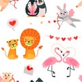 Romantic animals seamless pattern. Cartoon animal in love fabric childish print. Happy valentine day texture with cute