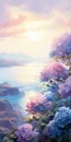 Romantic Anime Art: Sunrise Over Coastal Flowers In Violet And Azure