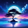 Romantic Anime Beach Night Sky with Starry Moon
