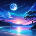 Romantic Anime Beach Night Sky with Starry Moon
