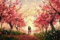 Romantic Anime Couple Enjoying a Serene Cherry Blossom Season in a Dreamy Sunset Landscape Illustration