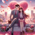 A romantic anime couple lovers on the rooftop, bathed in pink rose petals, with a big love sign, city view, digital anime art