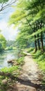 Romantic Anime Forest Tree Road Water Hd Wallpapers
