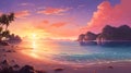 Romantic Anime Waterscape: Sunset Coral Atoll Beach Scene