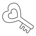 Romantic antique heart shape key thin line icon, dating concept, ancient key with heart vector sign on white background