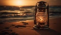 Romantic antique lantern illuminates glowing sunset coastline adventure generated by AI