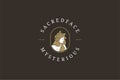 Romantic antique woman rose wreath head golden contoured logo brand identity design vector flat