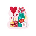 Romantic ard for Valentine`s Day. Tulips in a can, candles with hearts and a heart-shaped balloon. Vector illustration