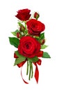 Romantic arrangement with red roses flowers and satin ribbon bow