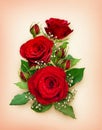 Romantic arrangement with red roses and gypsophila flowers