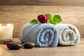 Romantic arrangement of two rolled towels with a beautiful red r Royalty Free Stock Photo