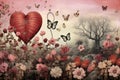 Romantic art collage with flowers and hearts Royalty Free Stock Photo