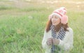 Romantic Asian beautiful girl walking in a field in sunset light. Winter, autumn life Royalty Free Stock Photo