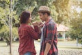 Romantic asian couple dating in the park Royalty Free Stock Photo