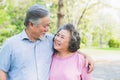 Romantic asian healthy senior couple looking each other eyes and relaxing in the park together. Royalty Free Stock Photo