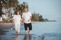 The romantic Asian senior couple hand in hand while walking on summer beach sunset. Travel leisure and activity after retirement Royalty Free Stock Photo