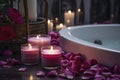 Romantic atmosphere. Burning scented candles and rose petals.