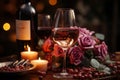 Romantic atmosphere Red wine burning candles roses Royalty Free Stock Photo