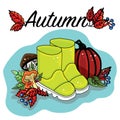 Romantic autumn card Hello Autumn. Watertights, fall leaves, mashroom, pumpkin