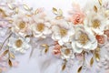 Romantic backdrop with white and pink paper flowers, luxury wall art with floral ornament. Beautiful decorative mural. Generative Royalty Free Stock Photo