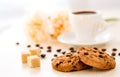 Romantic background. Breakfast. Cookies with chocolate on the background of cups of coffee and flowers Royalty Free Stock Photo