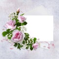 Romantic background with card for text, beautiful pink roses, envelope and ribbon