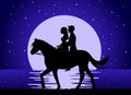 Romantic background with couple riding horse at moonlight