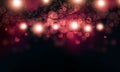 Romantic background with hearts and magical night lanterns. Red blurred bokeh, night city lights, reflection of glare. Dark festiv