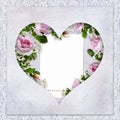 Vintage love background with frame in the shape of heart, beautiful roses, card for text or photo