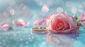 Romantic Background with Pink Rose, Gold Ring, and Bokeh Effect Royalty Free Stock Photo