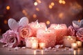 Romantic background in pink with roses, hearts and burning candle, Valentine\'s day backdrop, horizontal luxury glamour