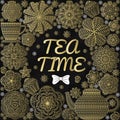 Romantic background with teapot, cup, muffins, flowers. Tea branding design in gold, black and white colors Royalty Free Stock Photo