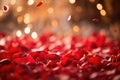 Romantic background for Valentine\'s Day, Wedding Day. Rose petals on the floor, golden bokeh