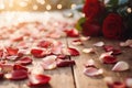 Romantic background for Valentine\'s Day, Wedding Day. Rose petals on the floor, golden bokeh