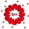 Romantic banner scarlet hearts are located in circle, in center of lettering Love. Vector illustration for cards, congratulations