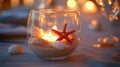 Romantic Beach Table Setting Seashells, Starfish Candle Holder with Soft Bokeh Lights Royalty Free Stock Photo