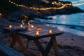 A romantic beach dinner set under a starry sky. Soft lights create a cozy atmosphere. Enjoy the gentle waves and a Royalty Free Stock Photo