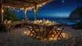 Romantic Dinner on the Beach Under the Stars at Night with Rustic Table Setting Royalty Free Stock Photo