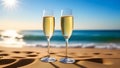 Romantic beach evening on sunset with two glasses of champagne standing on sand Royalty Free Stock Photo