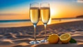 Romantic beach evening on sunset with two glasses of champagne standing on sand Royalty Free Stock Photo