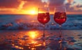 Romantic beach evening on the sunset with two glasses of red wine Royalty Free Stock Photo