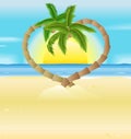 Romantic beach, heart palm trees illustration Royalty Free Stock Photo