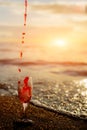 Romantic beach scene: glass of red wine at sunset near water line with splashes Royalty Free Stock Photo