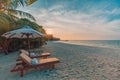 Romantic beach scenery, summer vacation or honeymoon background. Travel adventure sunset landscape of tropical island beach Royalty Free Stock Photo