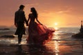 Romantic Beach: A serene beach scene with a couple walking hand in hand along the water. Royalty Free Stock Photo