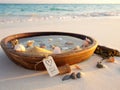Romantic Beach Serenity: Seashells and Ocean Horizon Royalty Free Stock Photo